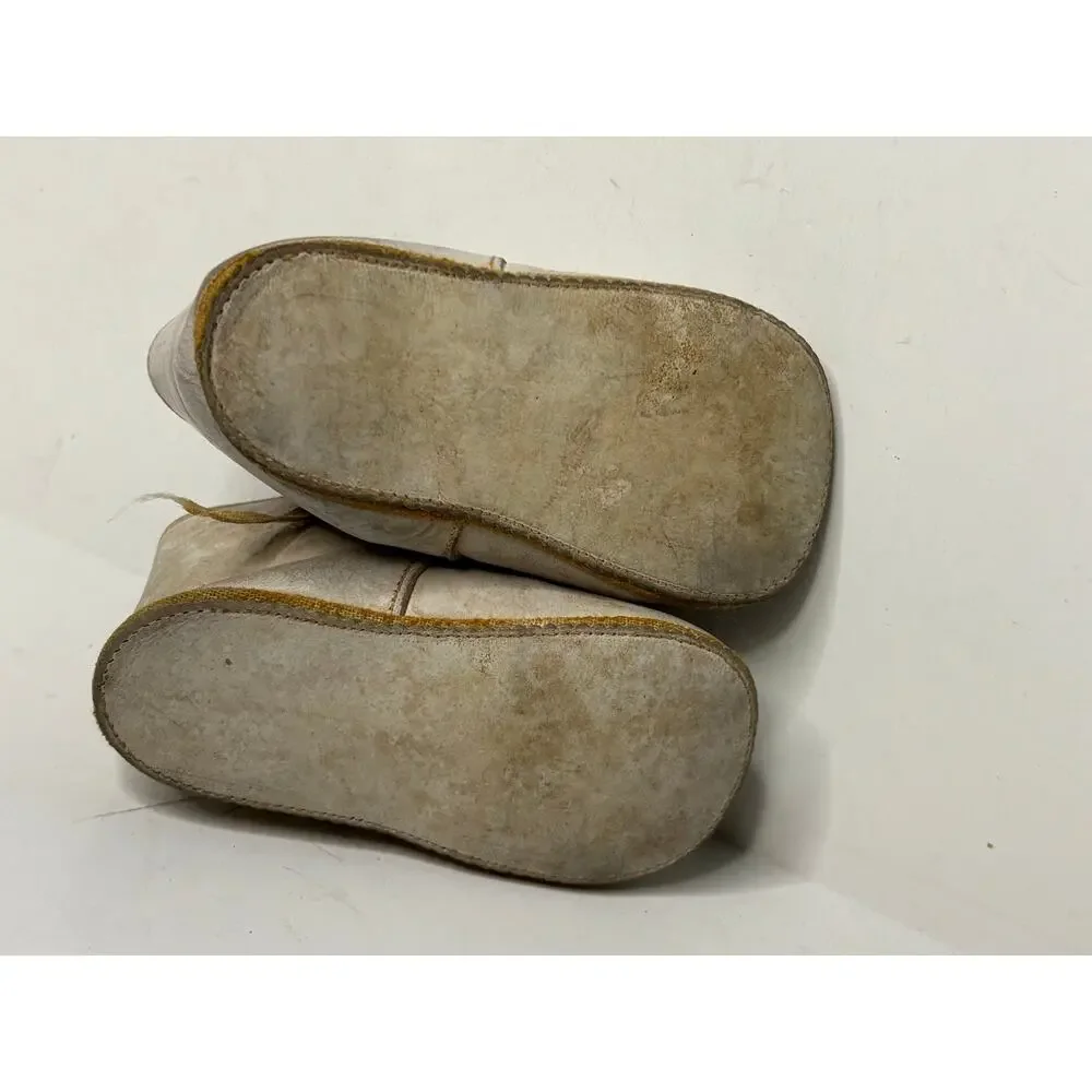 Vintage Mid Century White Punched Leather Lace Up Baby Shoes Pair